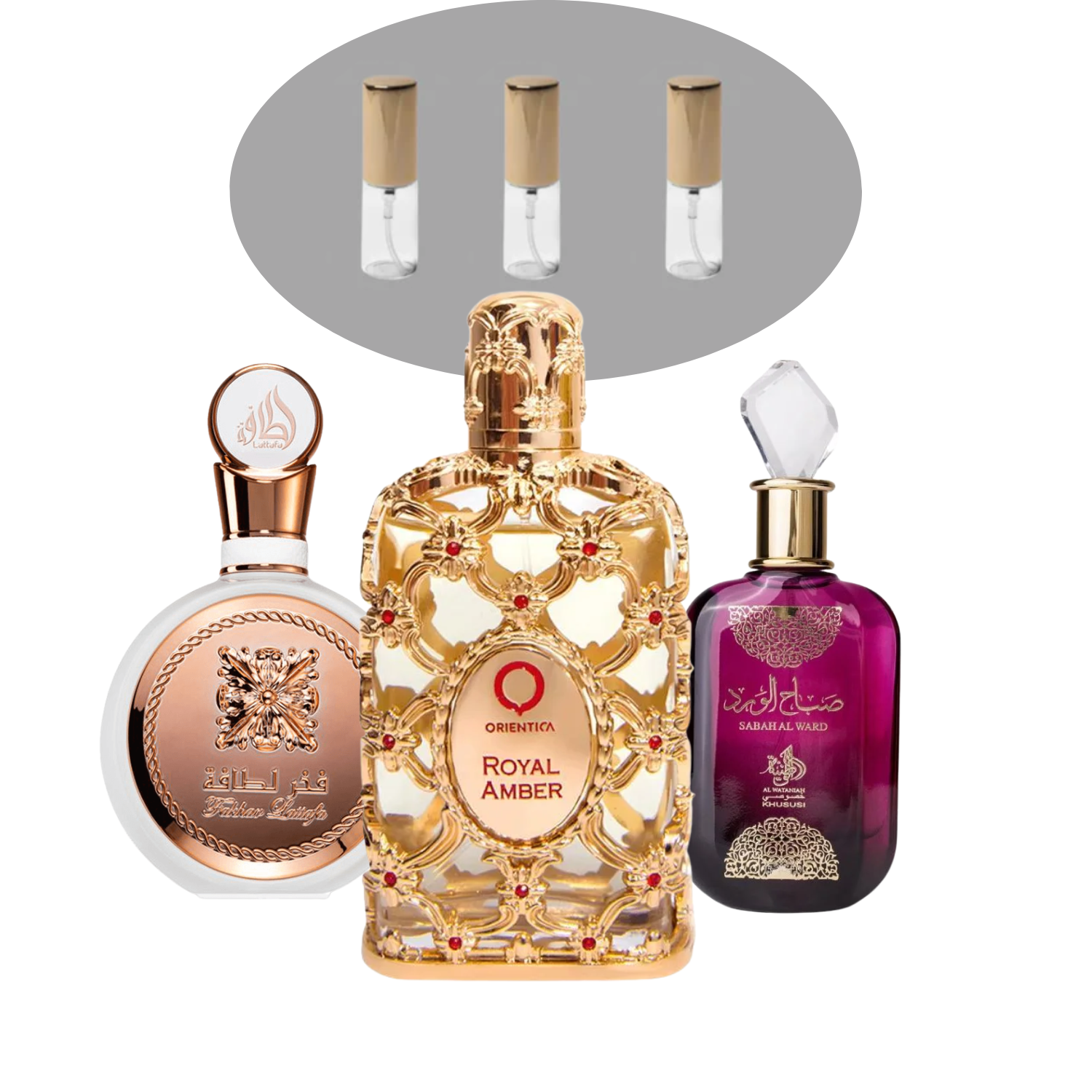 COMBO SEDUÇÃO - Fakhar Rose, Royal Amber e Sabah Al Ward - Decant ORIGINAL