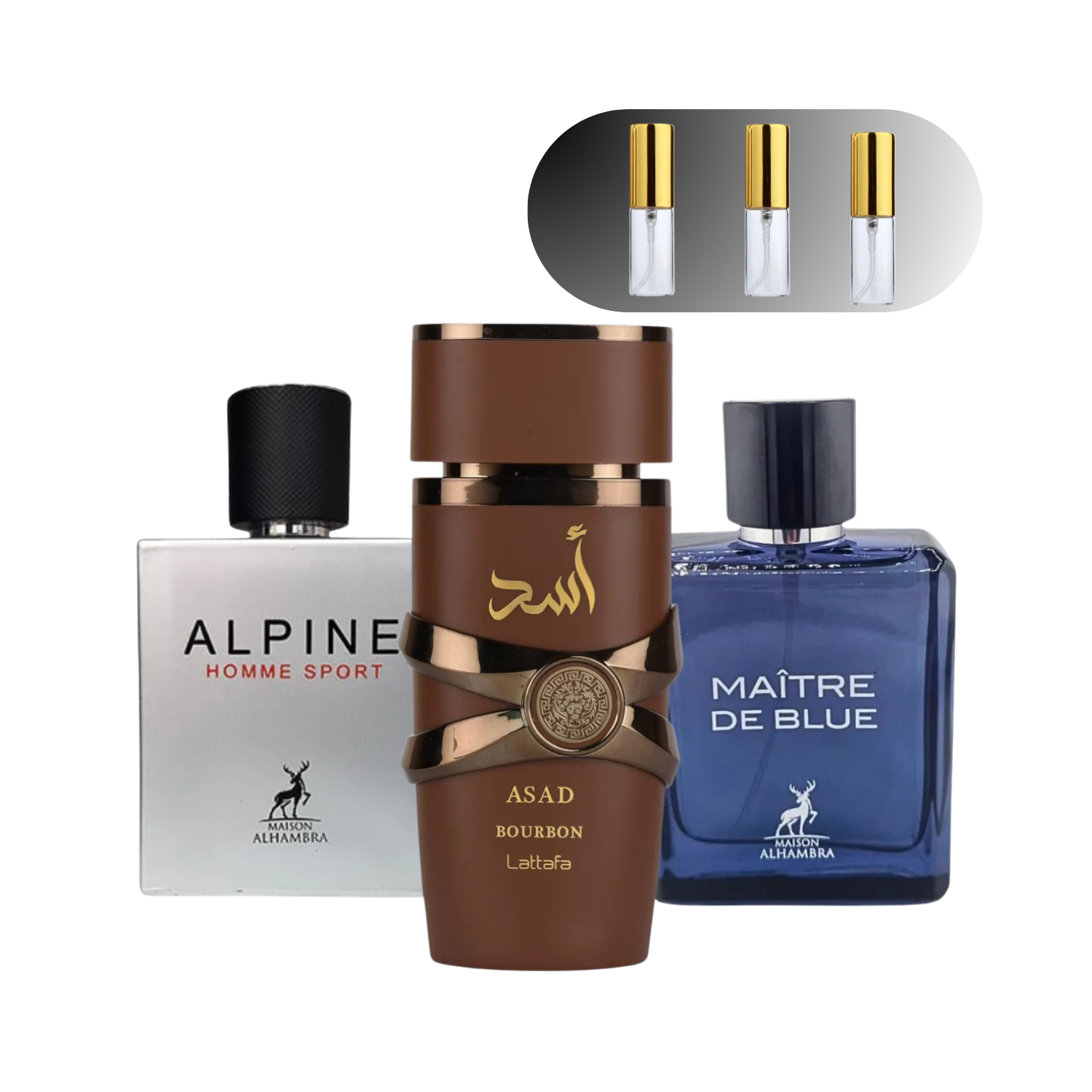 COMBO ELEGÂNCIA ÁRABE - Alpine, Asad Bourbon e Maitre de Blue - Decant ORIGINAL